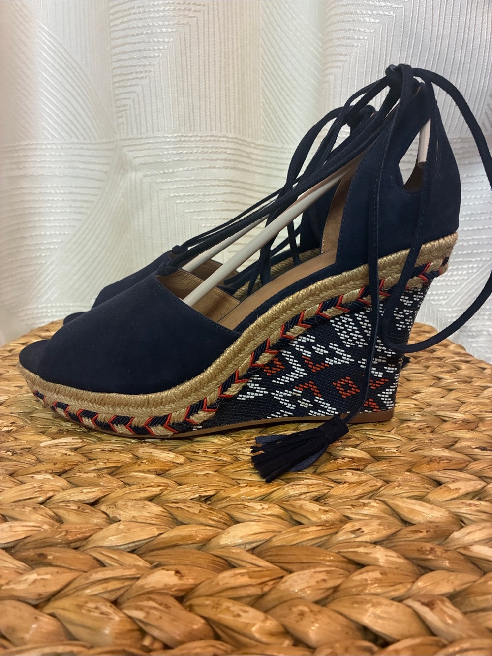 CAbi Navy Suede Espadrille Wedge Sandals with Tassel Ankle Ties